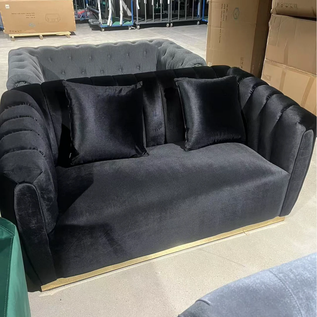 双人黑色直排绒面沙发清库存