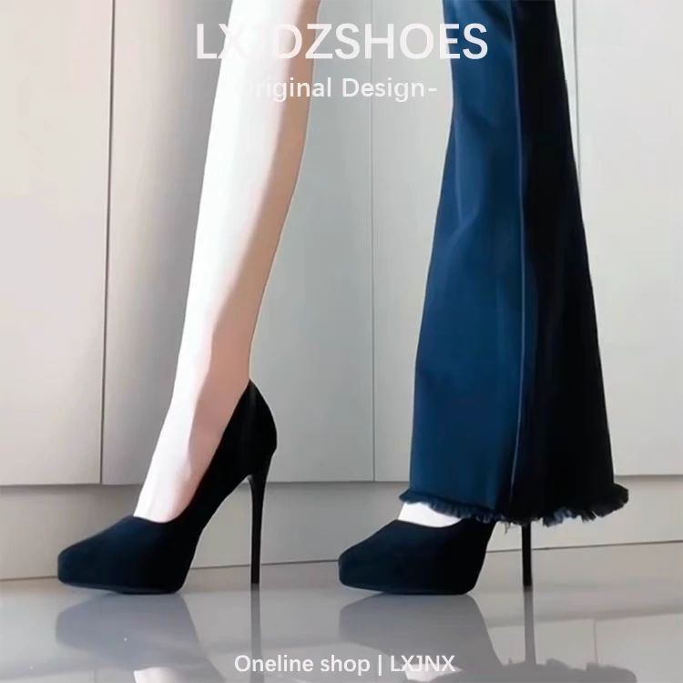 黑色防水台高跟鞋女秋冬法式绒面尖头细跟厚底气质小个子不累脚鞋