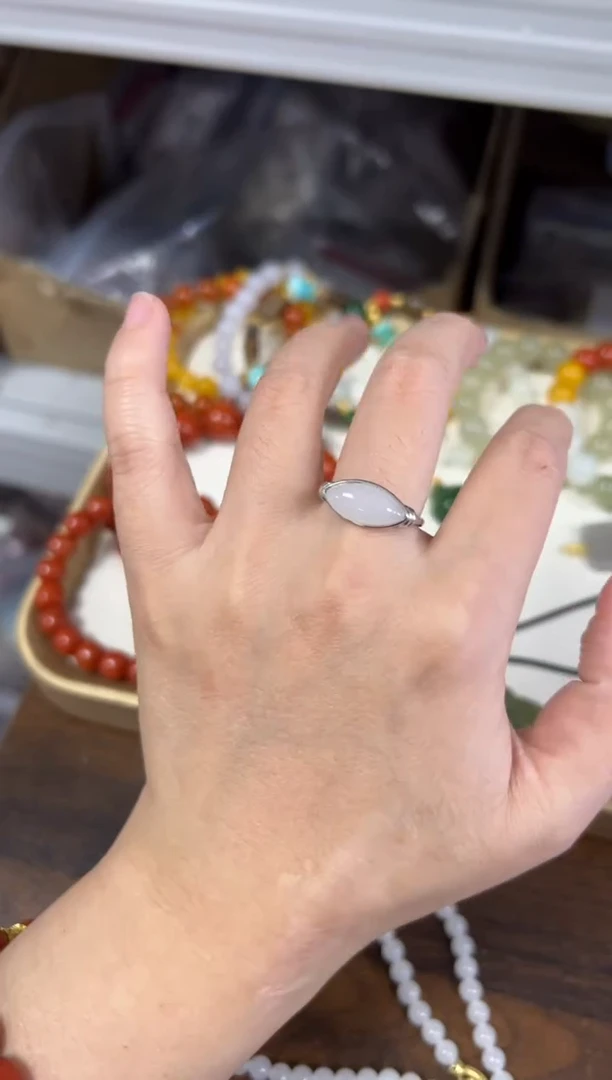 项链银S925镶嵌和田玉孤品和田玉白玉马眼银戒指[2933]