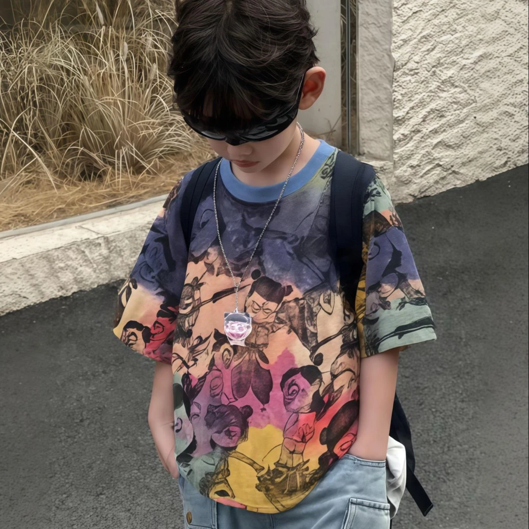 男童2025夏季新款哪吒纯棉短袖中大童卡通动漫扎染洋气透气T恤