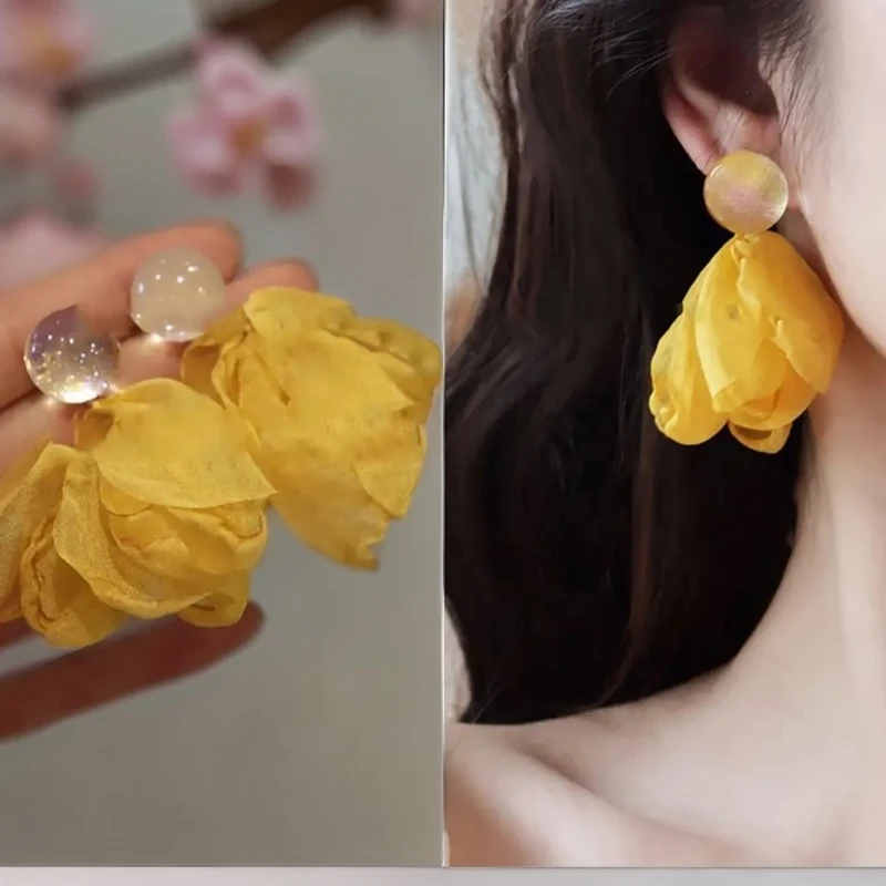 合金耳饰 超仙氛围感海边度假风黄色多多巴胺花朵耳钉气质耳饰女