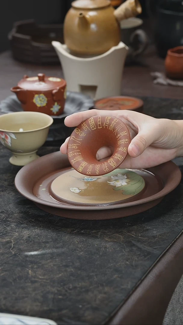 九隐茶器紫砂刻绘投茶器