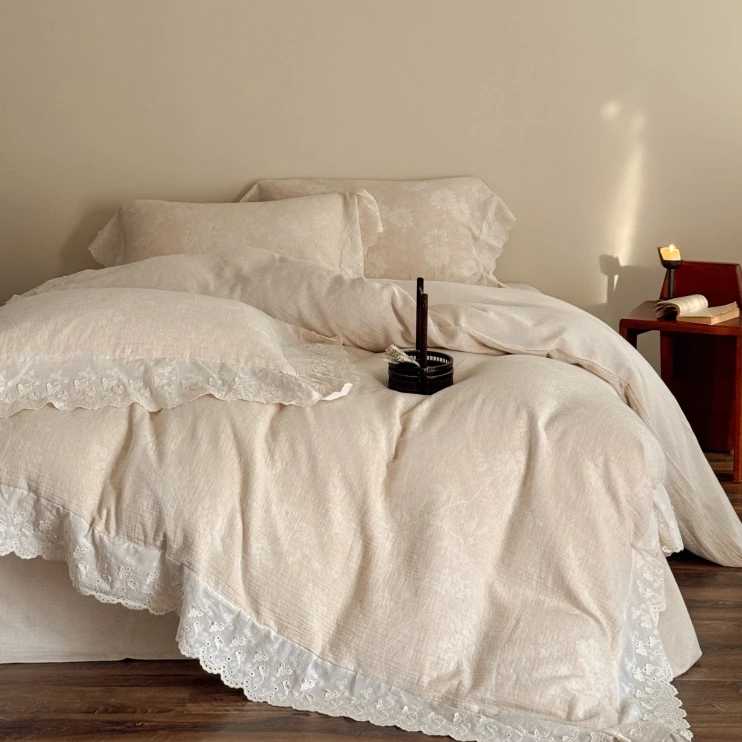 法式复古棉麻床上四件套韩系花边款亚麻床单被套全棉纯棉裸睡床品