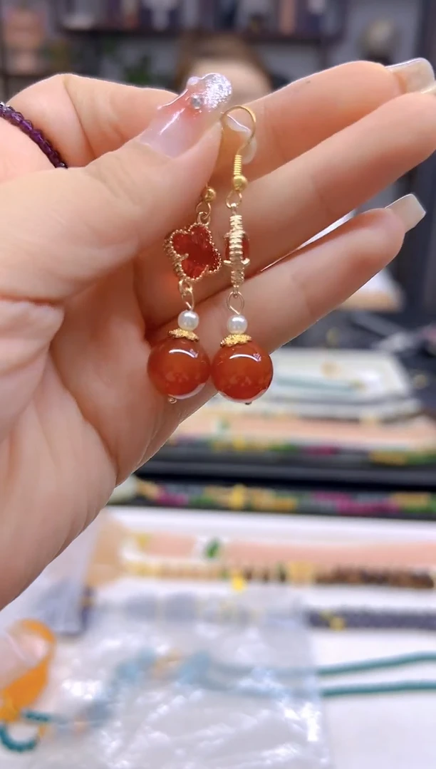 玛瑙/玉髓耳饰14K金镶嵌DIY款E691