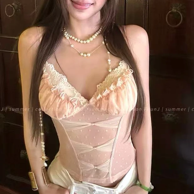 蕾丝蝴蝶结假两件外穿吊带背心女夏2025新款抹胸上衣胸垫美背
