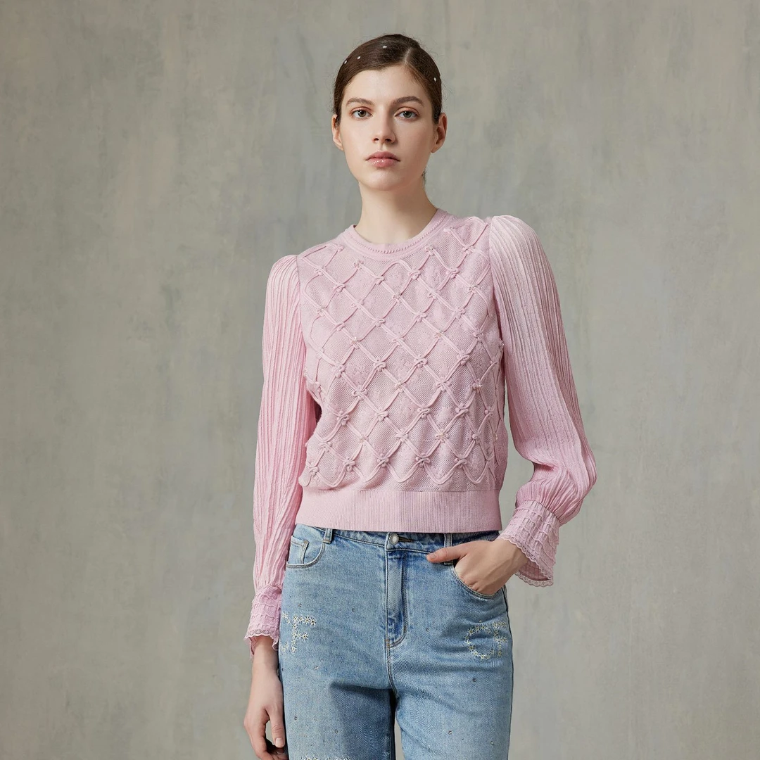 CHARFEN朝峰长袖菱格纹毛针织衫毛衫女装套头CFF1A819-8061C时尚