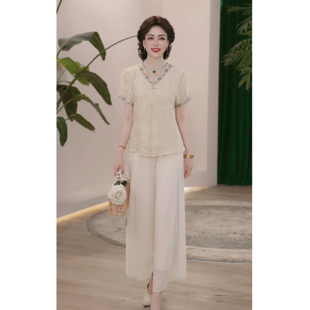2025新款夏季妈妈装薄款时尚套装气质衬衣女装洋气减龄T恤两件套