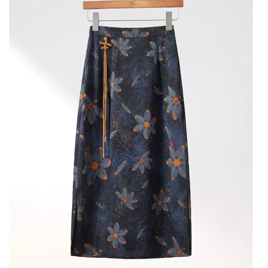 拉夏贝尔2025夏季新中式国风裙子时尚显瘦中长款半身裙女百搭半裙