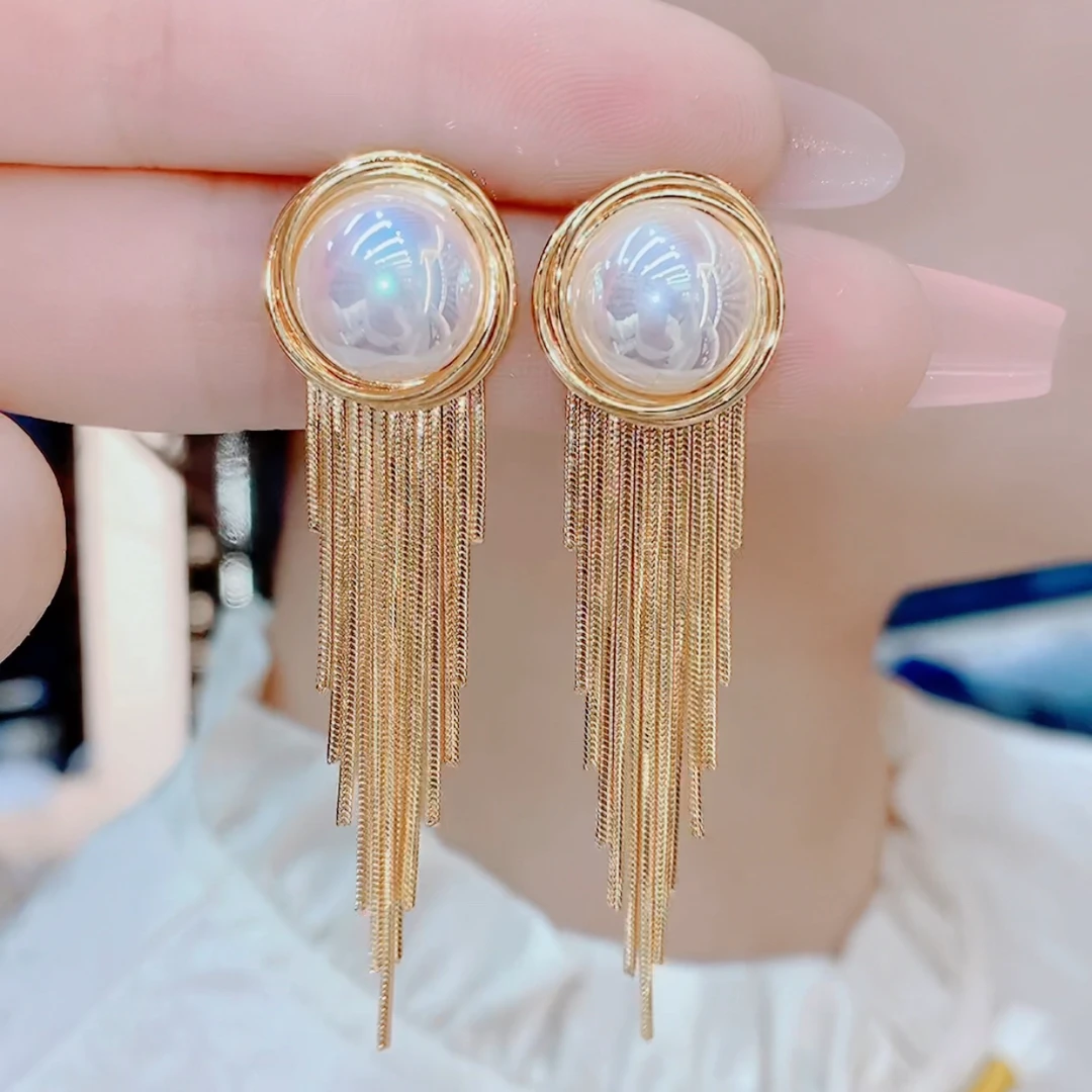 铜合金仿珍珠耳饰 0331法式轻奢百搭气质珠珠流苏耳环