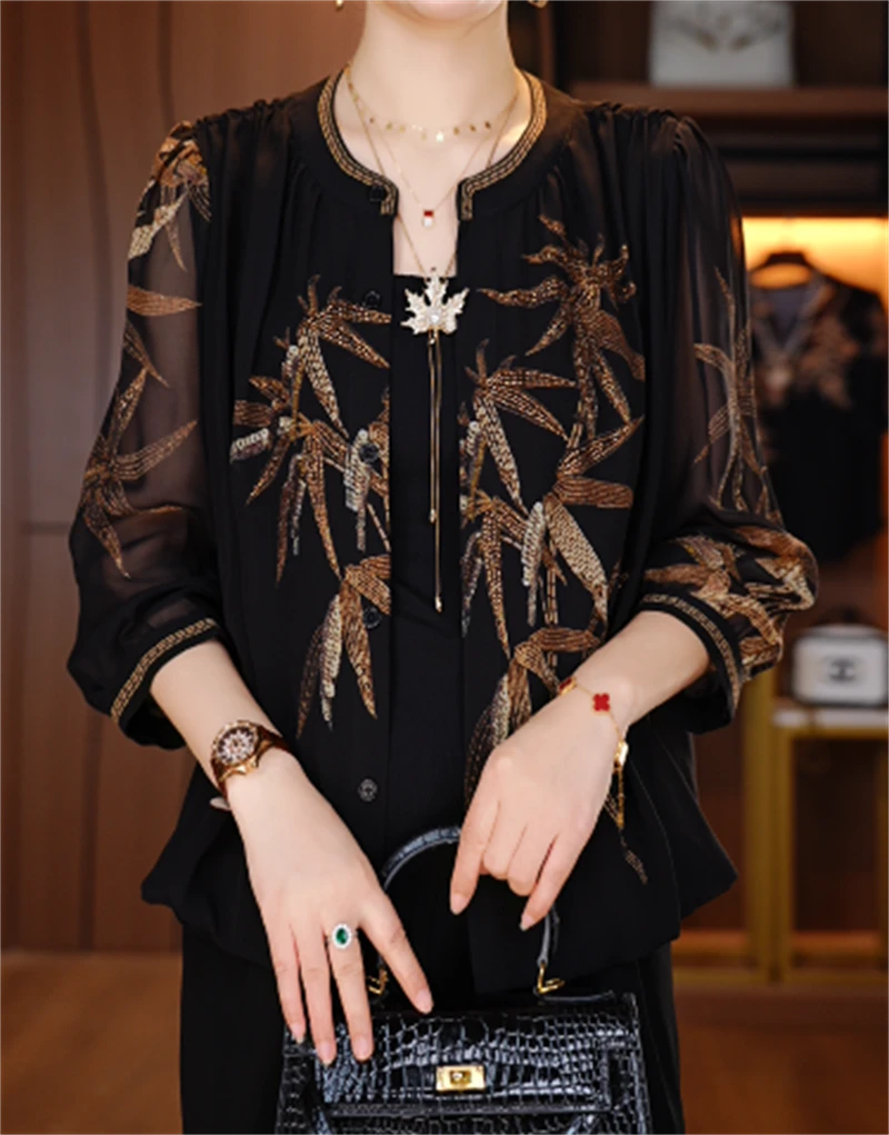 诺诗 新款洋气宽松显瘦优雅轻奢气质印花百搭小衫V25P382