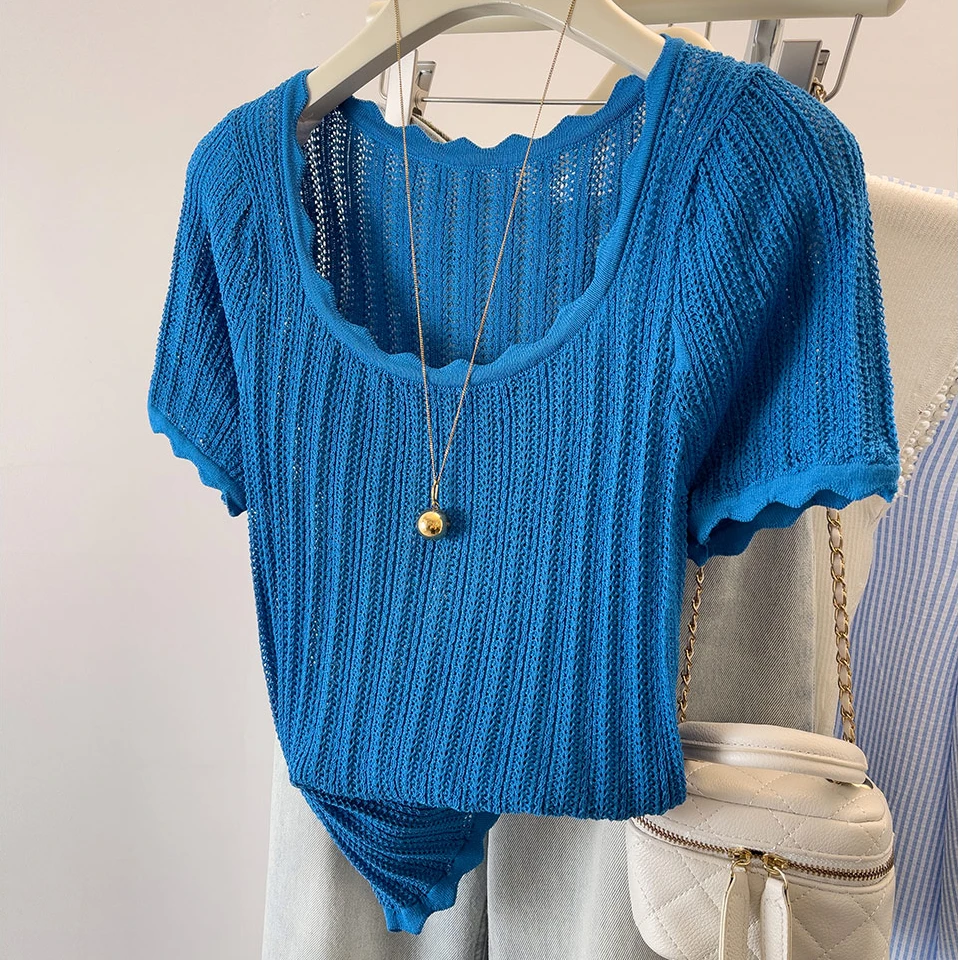 【80-200斤】U型领正肩洋气冰丝短袖T恤女夏季镂空设计感别致上衣服