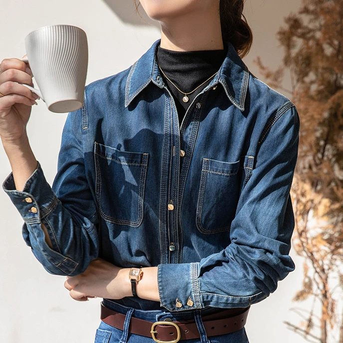 职业阿玛诗官衬衣长袖新款宽松蓝色叠穿牛仔衬衫女装外套上衣轻熟
