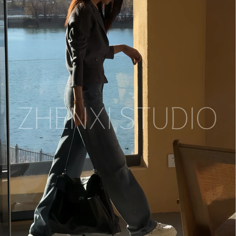 针西【御姐范】高个子穿搭加长显瘦设计感毛织西装外套S70218