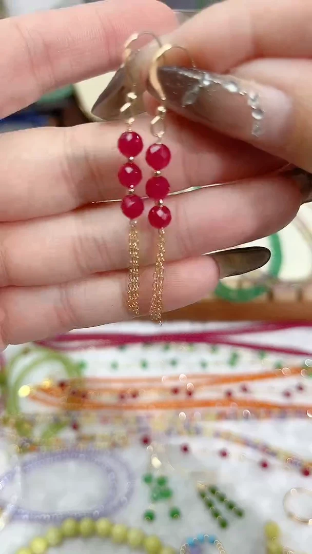 【闪购商品】红宝石耳饰14K金镶嵌三颗流苏69