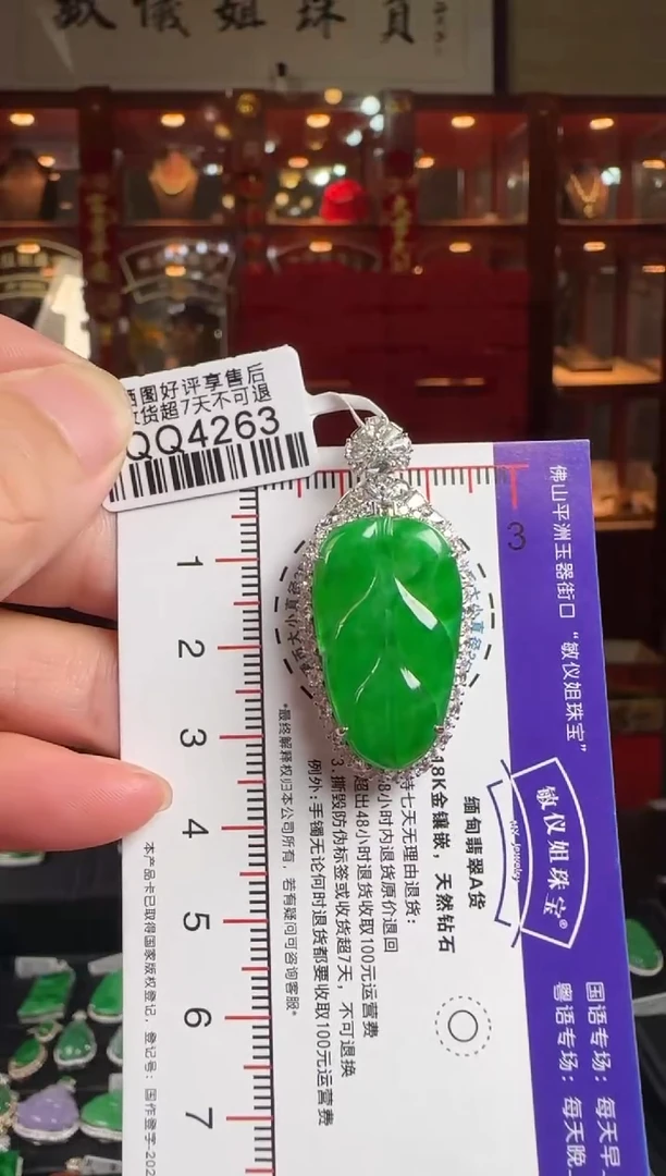 翡翠18K金镶嵌颈饰飘*风/QQ4263冰辣绿叶子2/3
