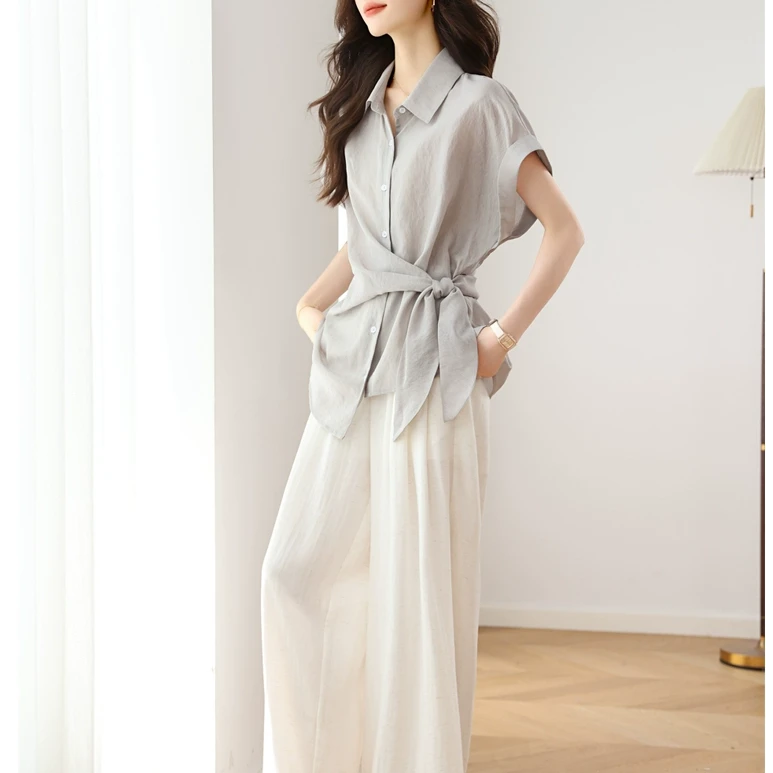 时尚不规则衬衫2025夏季新款遮肉显瘦休闲阔腿裤套装M106