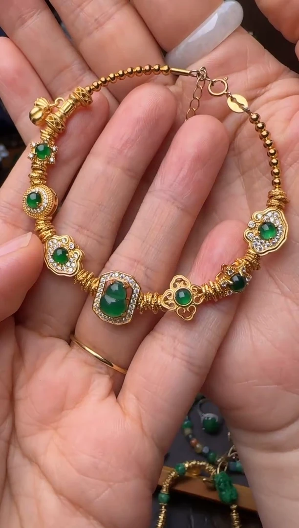 银S925镀金镶嵌手链翡翠闪购999