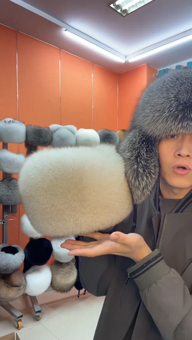 狐狸毛蓝狐圆筒帽