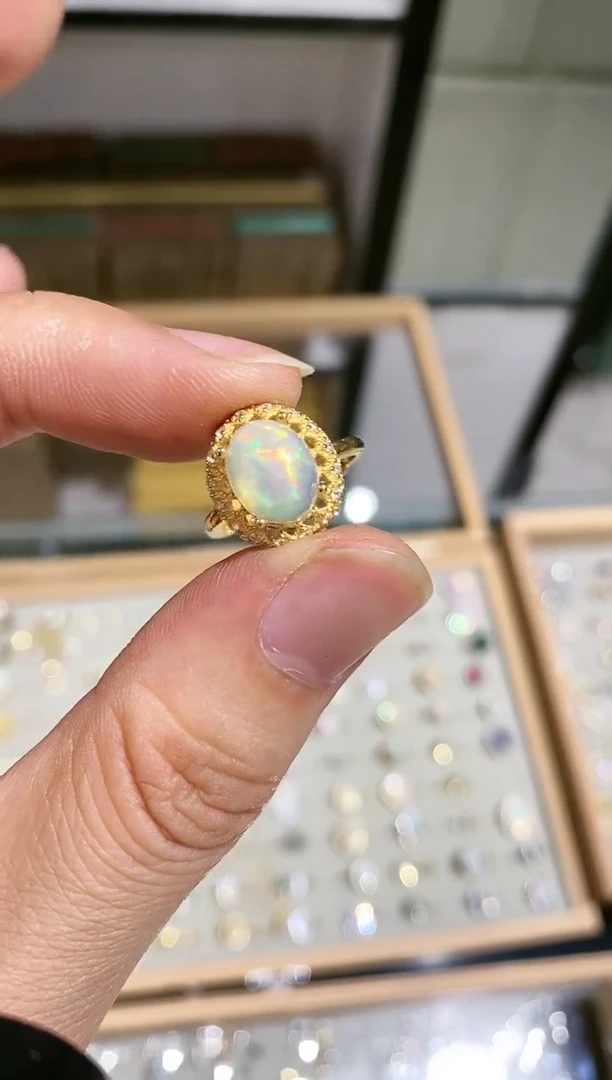 【闪购商品】欧泊戒指银S925镀金镶嵌戒指