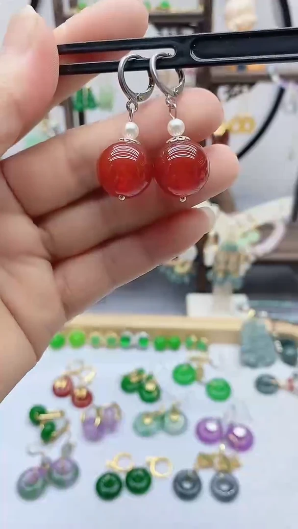 南红玛瑙银S925镶嵌耳饰194