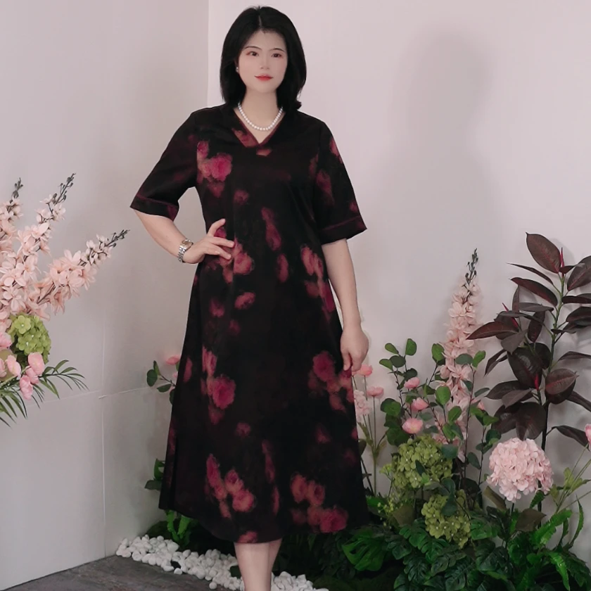 【W5588】轻奢大码女装桑蚕丝重磅香云纱贵气V领母亲节洋气衣服