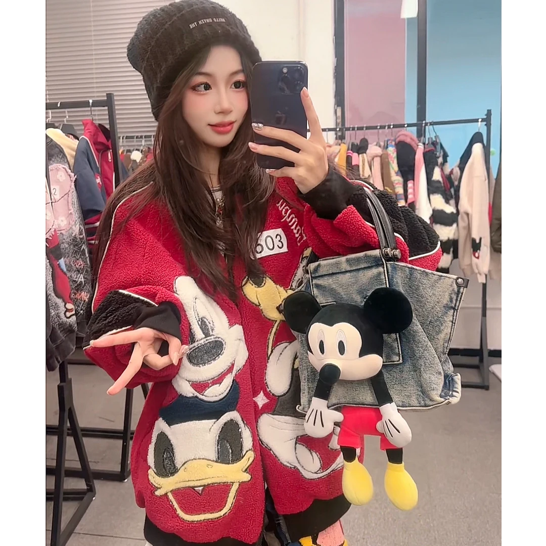 宽松型保暖外套红色羊羔毛外套加绒加厚拼接显白外套