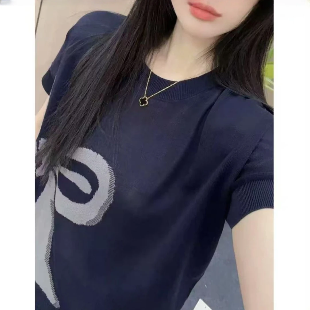 藏青色~莱赛尔天丝灰蝴蝶结短袖套头针织衫女春夏质上衣