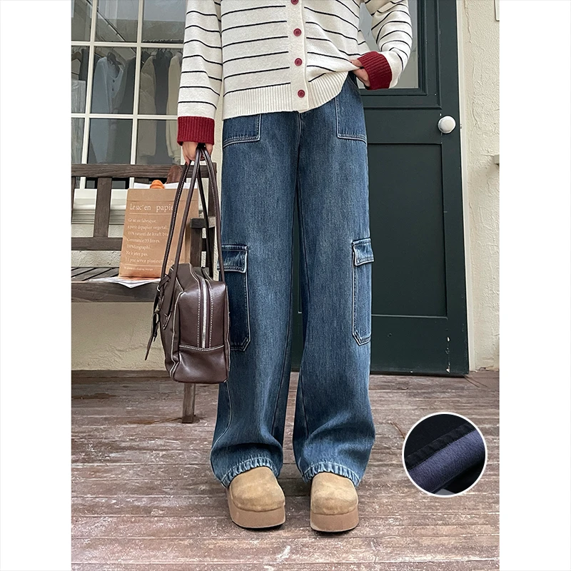 裂渡宣宣【摩登回潮】工装风阔腿裤女冬加绒高街显瘦牛仔裤ZY511F18