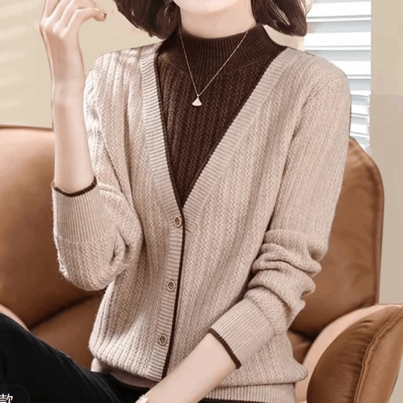 【假两件】女装2024秋冬新款假两件针织打底衫女百搭遮肉上衣