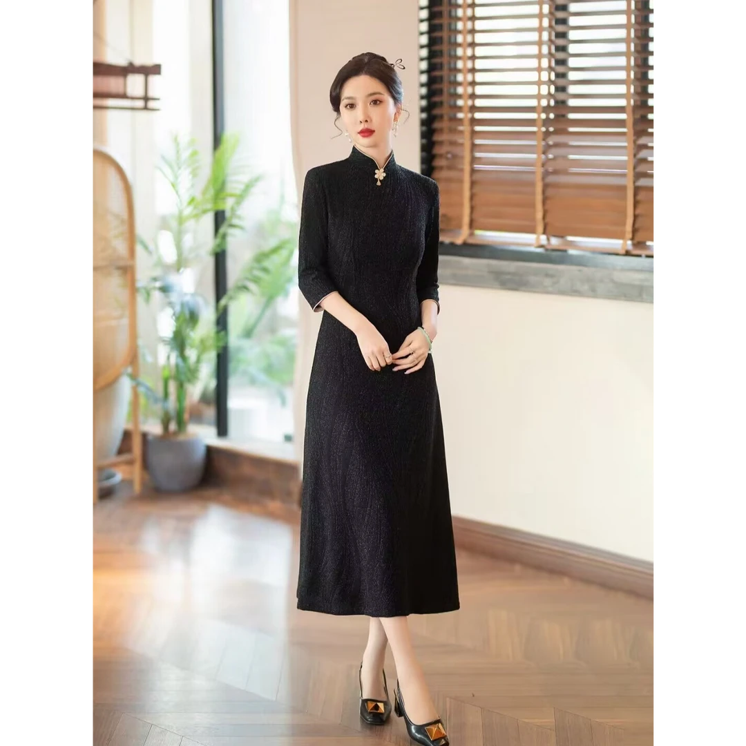 西田鱼2025春秋新款优雅气质新中式国风日常蕾丝旗袍裙黑色