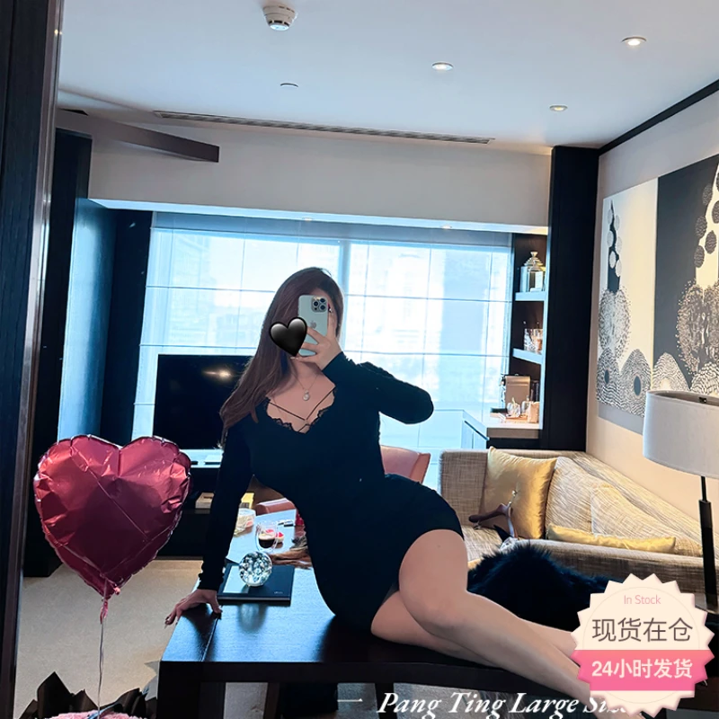 【现货】胖婷大码定制微胖mm「娇欲新宠」纯欲性感V领蕾丝打底连衣裙