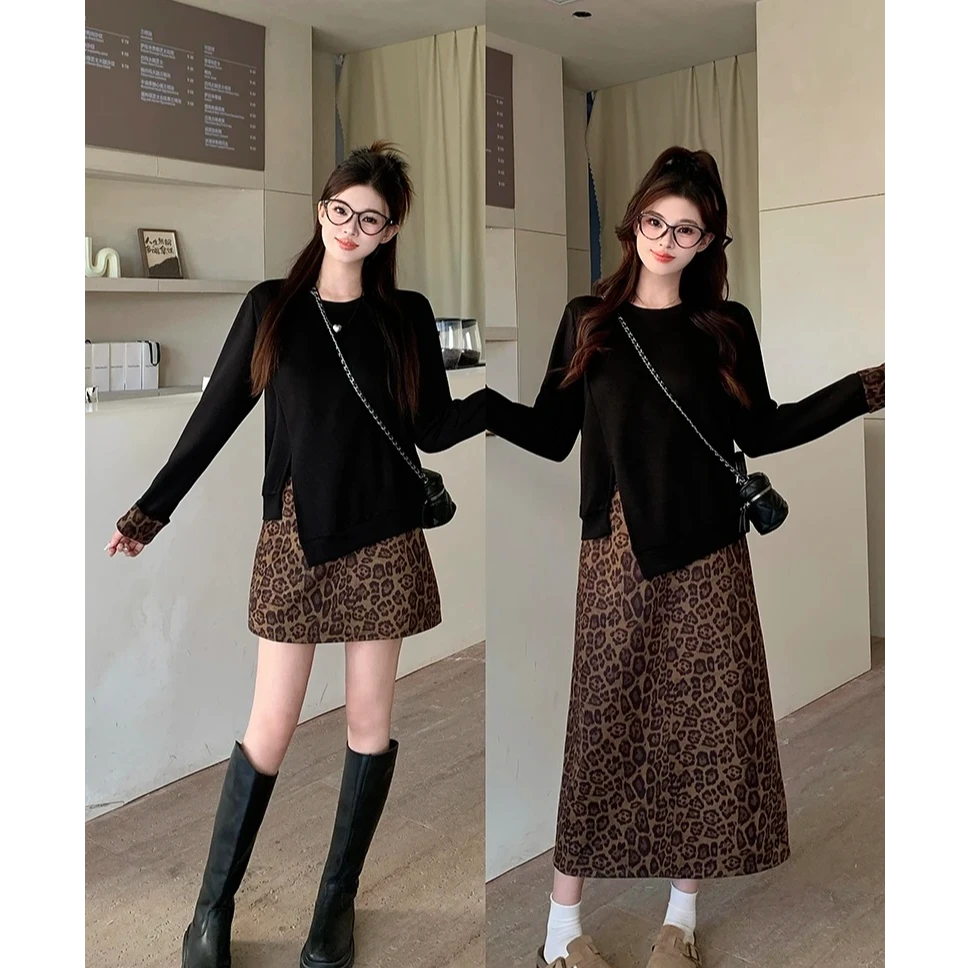 气质轻奢豹纹长裙2025秋季大码胖MM美式潮流洋气松紧腰百搭半身裙