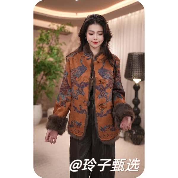 玲子自制（吉祥孔雀）原版！新中式国风气质高定真毛双面穿上衣外套