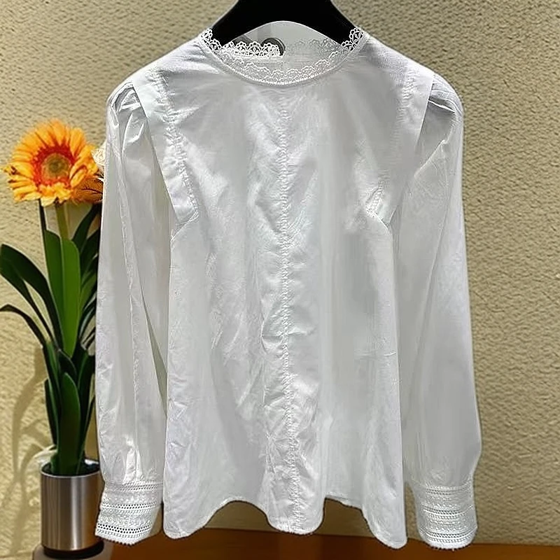 【XIAOHUIHUI】韩系复古圆领花边法式减龄衬衫