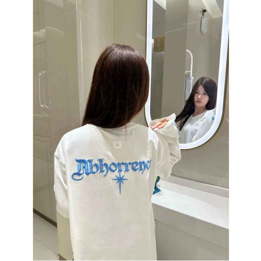 新款下坠星星哥特标语刺绣长袖t恤女春秋美式高街潮牌宽松打底衫