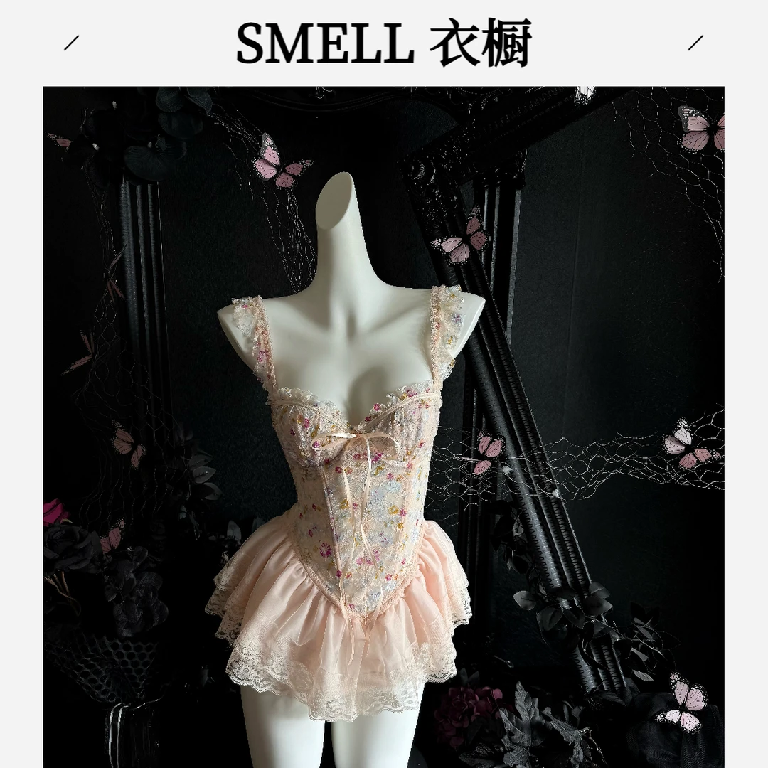 /SMELL衣橱/春意阑珊·纯欲碎花印染蕾丝鱼骨带胸垫收腰显瘦睡裙