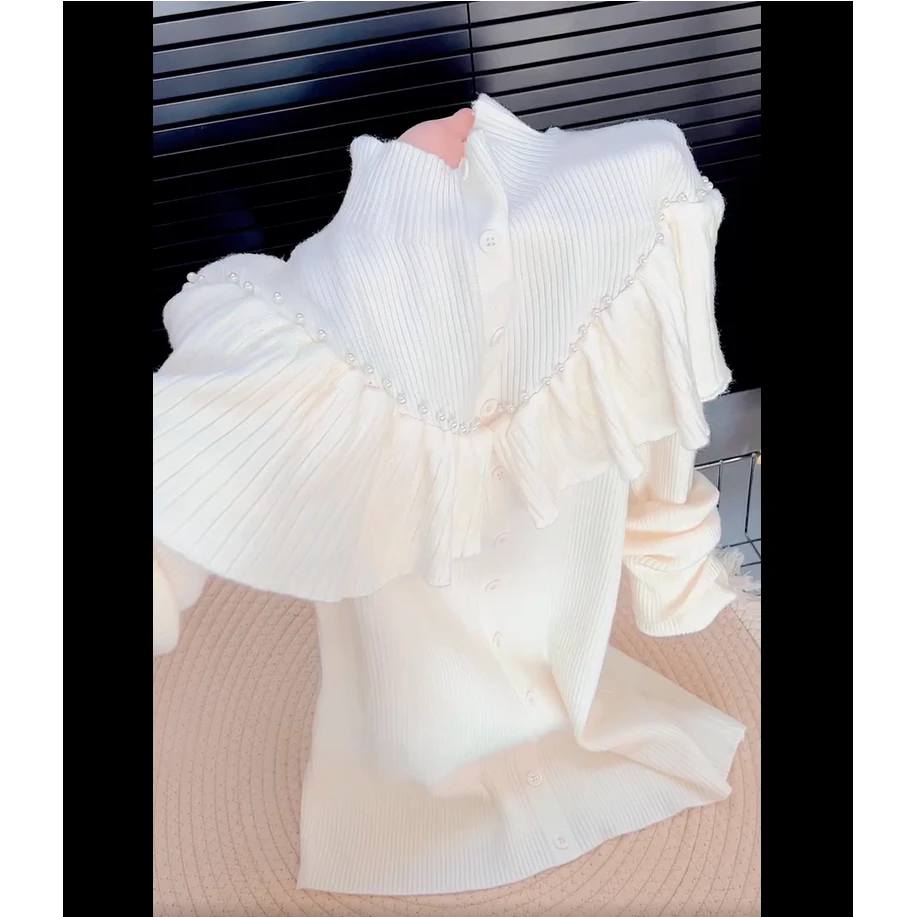 荷叶边半高圆领钉珠长袖针织衫女秋冬季大码显瘦时尚百搭打底毛衣