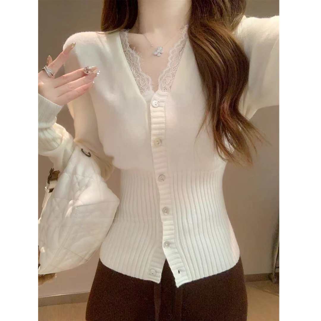 高级感气质v领蕾丝针织开衫大码胖mm纯欲风洋气修身显瘦内搭上衣