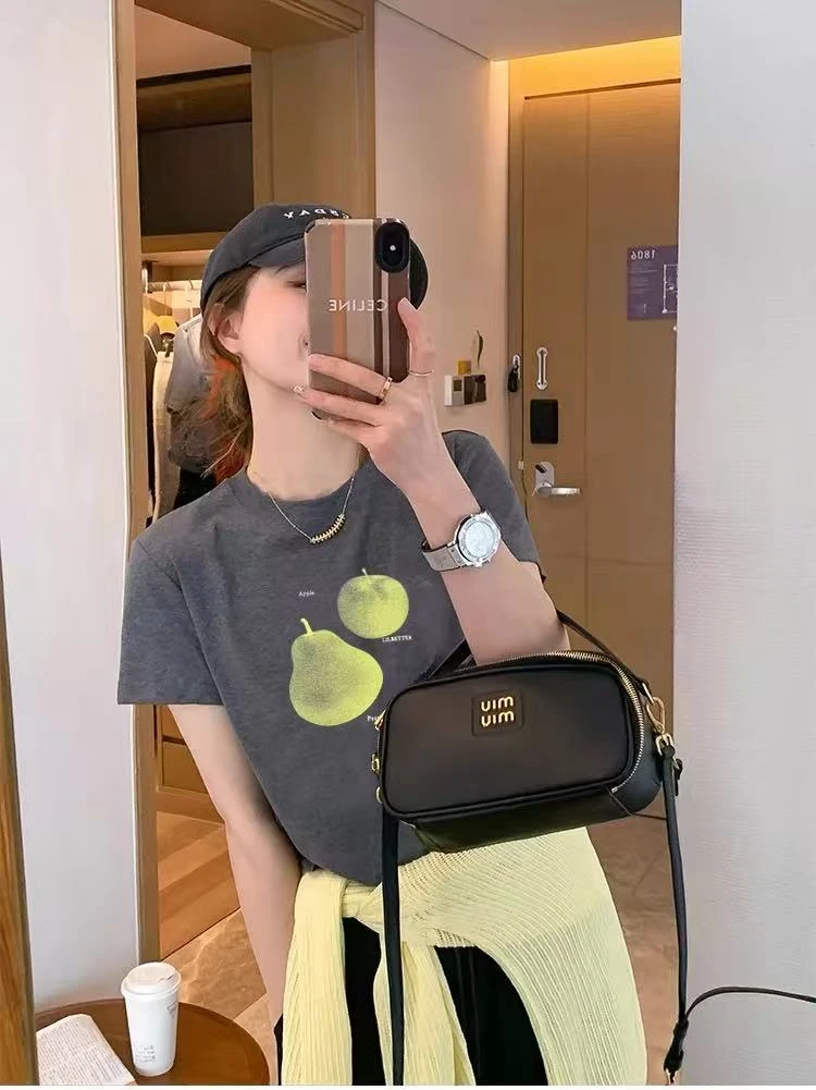 青苹果雪梨 夏季新款时尚百搭圆领休闲正肩小清新显瘦短袖T恤