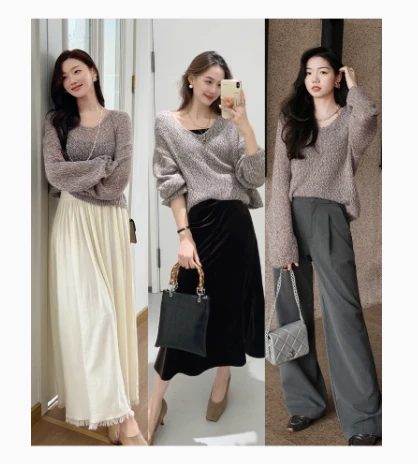 美洋MEIYANG 微醺摩卡针织衫 混色花纱V领慵懒宽松毛衣紫色L