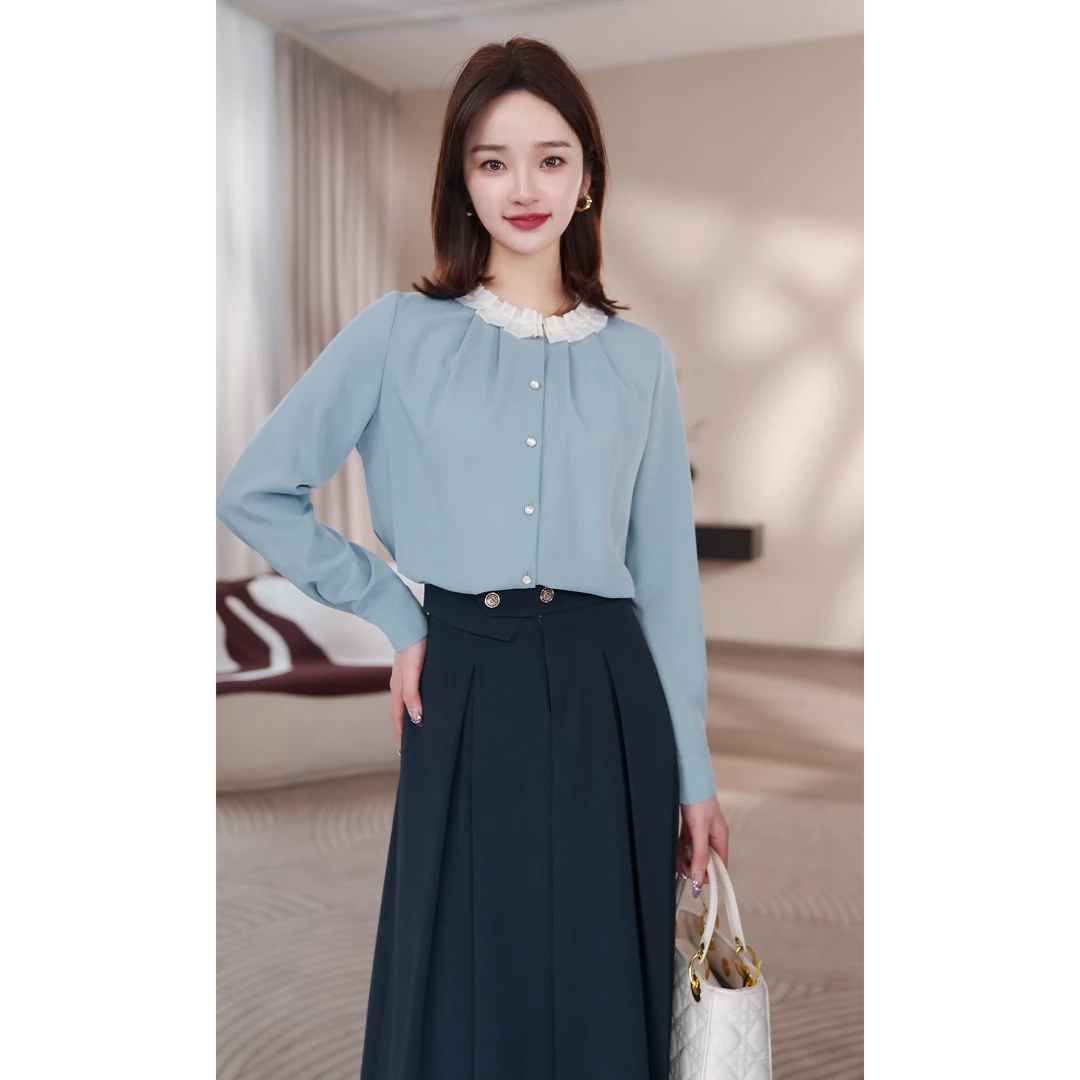 曼贝蓝灰色衬衫女洋气小众设计感百搭款时尚长袖气质8493348佳莹