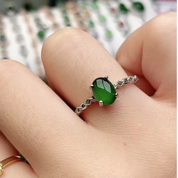 鑫辰珠宝天然A货翡翠银镶嵌设计款开口女戒指时尚百搭