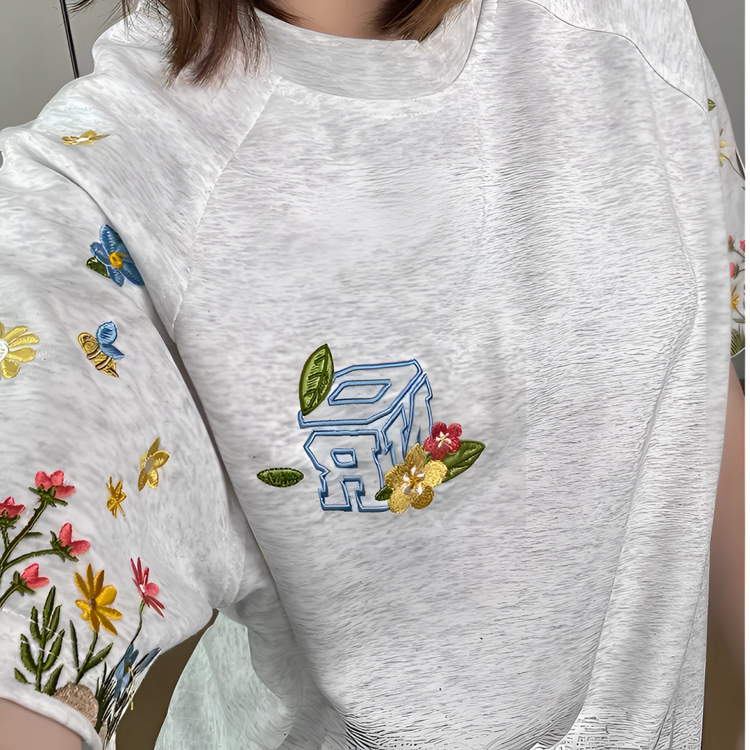 复古美式花卉刺绣字母潮牌男生短袖t恤夏季重工纯棉宽松半袖情侣