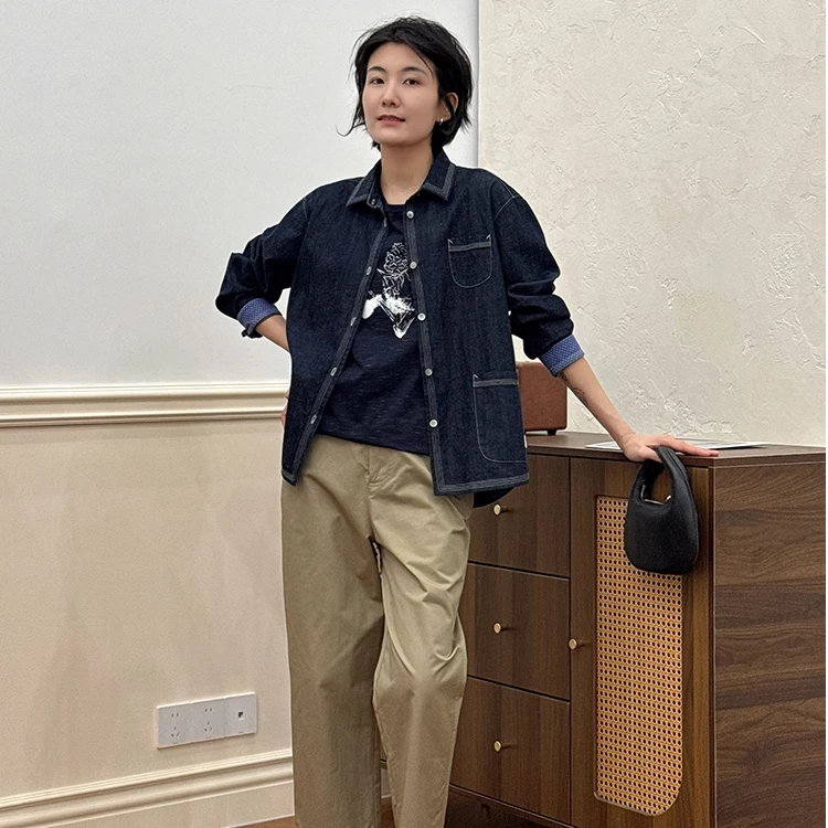 浪清/女装推荐 梓玉幽原色牛仔薄款衬衫44290#