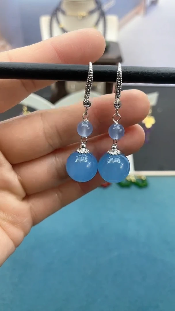【闪购商品】海蓝宝石耳坠银S925镶嵌海蓝双珠耳钩