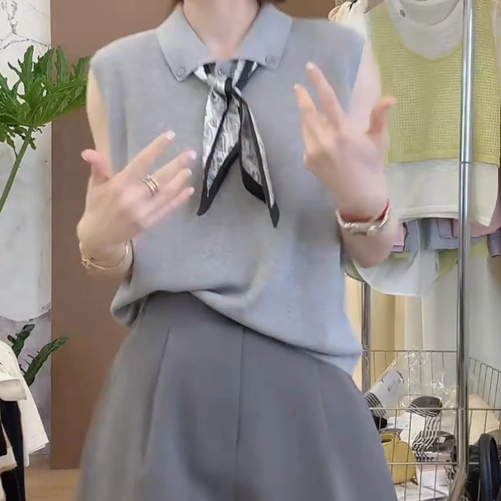 新款韩版百搭修身显瘦女时尚翻领丝巾针织无袖上衣