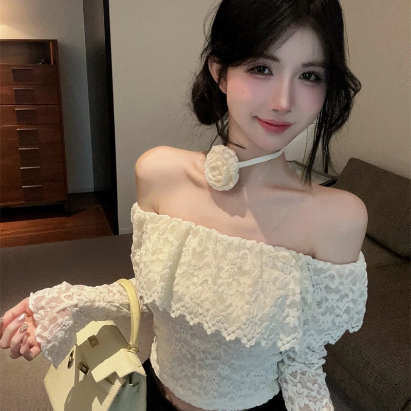 法式温柔气质一字肩荷叶边蕾丝衫女春季新款性感修身显瘦绝美上衣