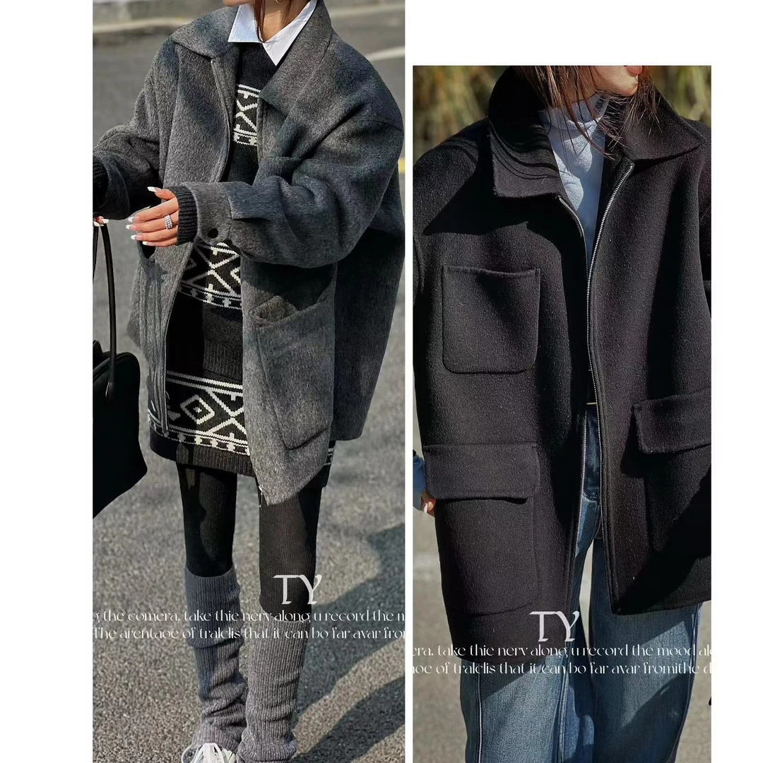 【no退no换 谨慎下单】宽松拉链三口袋中长款双面毛呢大衣 88621