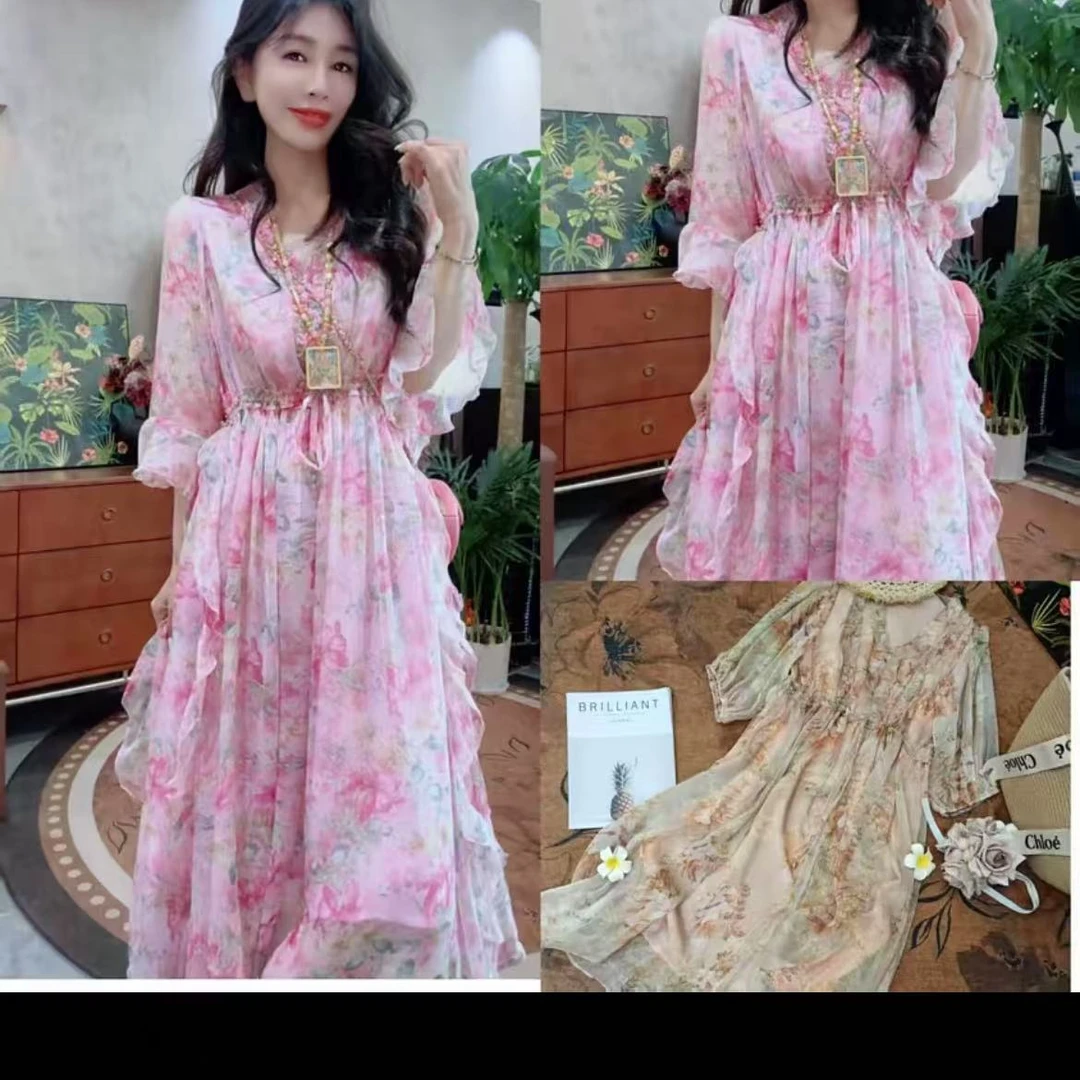 轻熟风日常A字裙显瘦夏季仙气连衣裙法式中国风香槟色薄款裙子