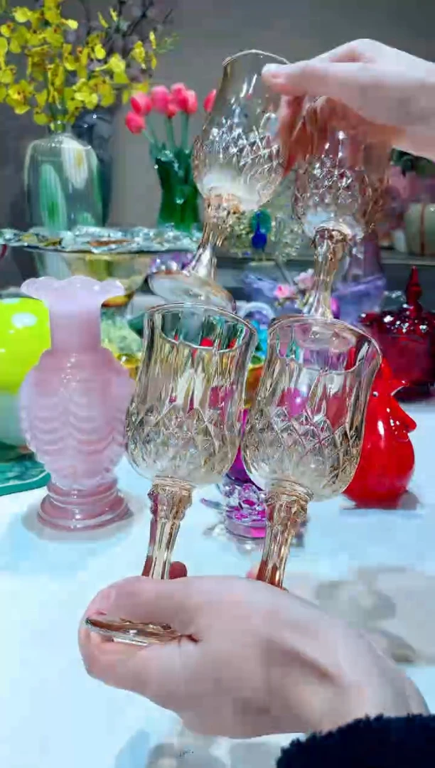 【闪购商品】琉璃手工艺品金色高脚杯4只